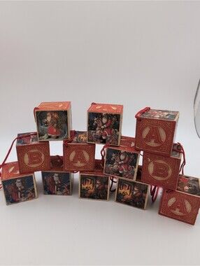 Vintage Christmas Ornaments Set Of 12 Santa Claus Wood Letter Blocks in Orig Box